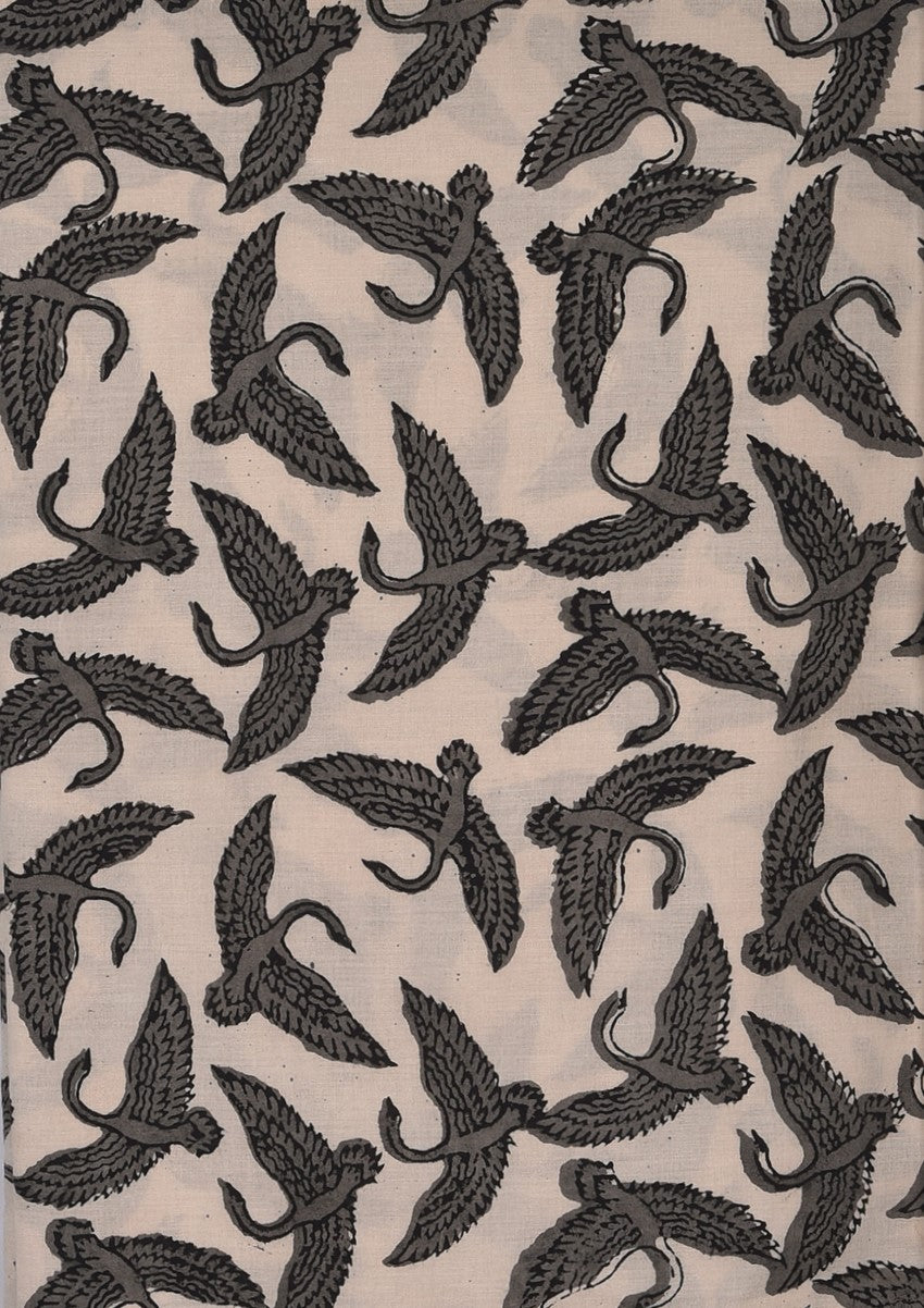 Grey Bagru Natural Colour Flock of Birds Animal Pattern Cotton Cambric Fabric