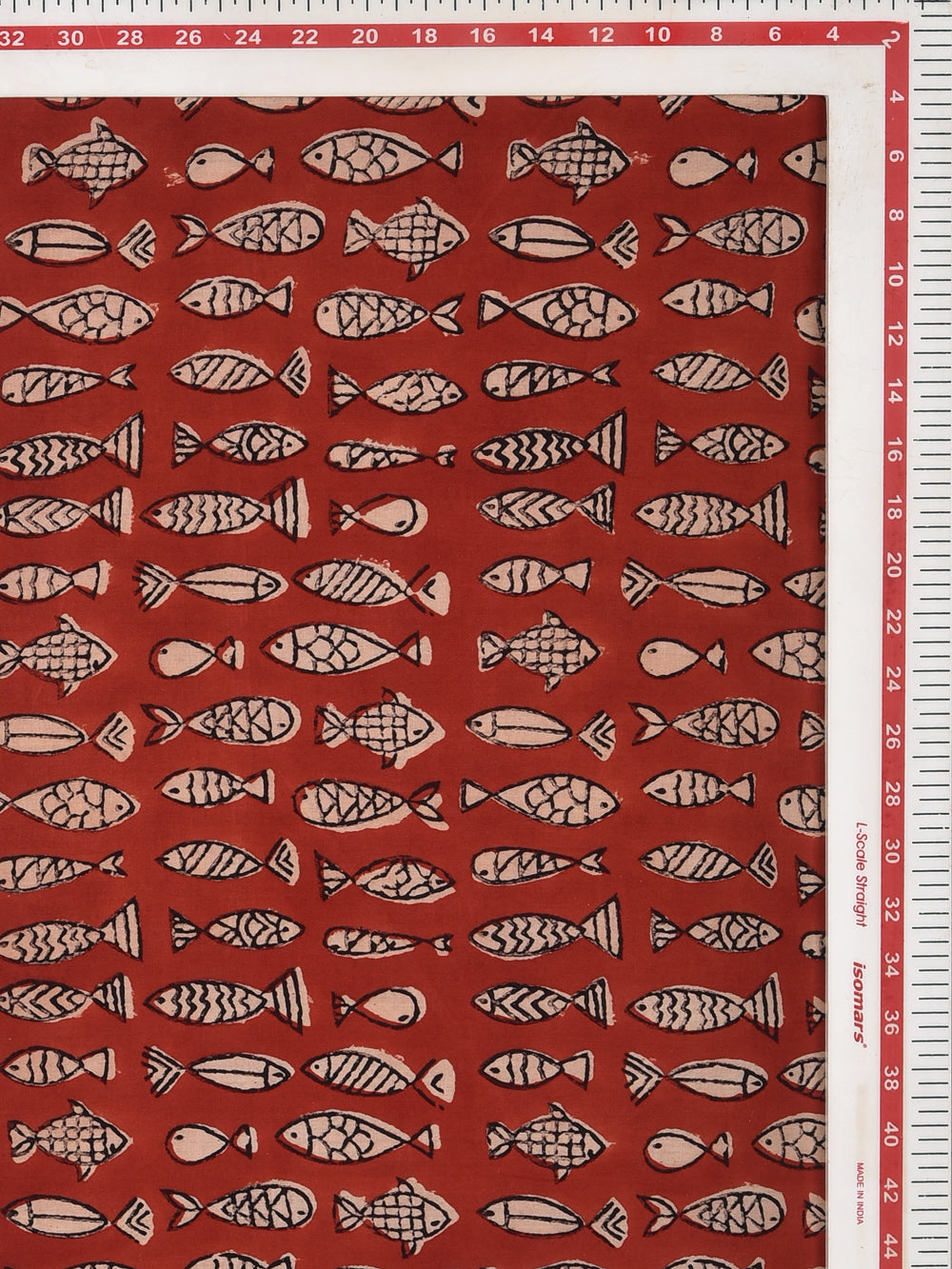 Red Bagru Natural Colour Matsya Fish with Black outline Animal Pattern Cotton Cambric Fabric