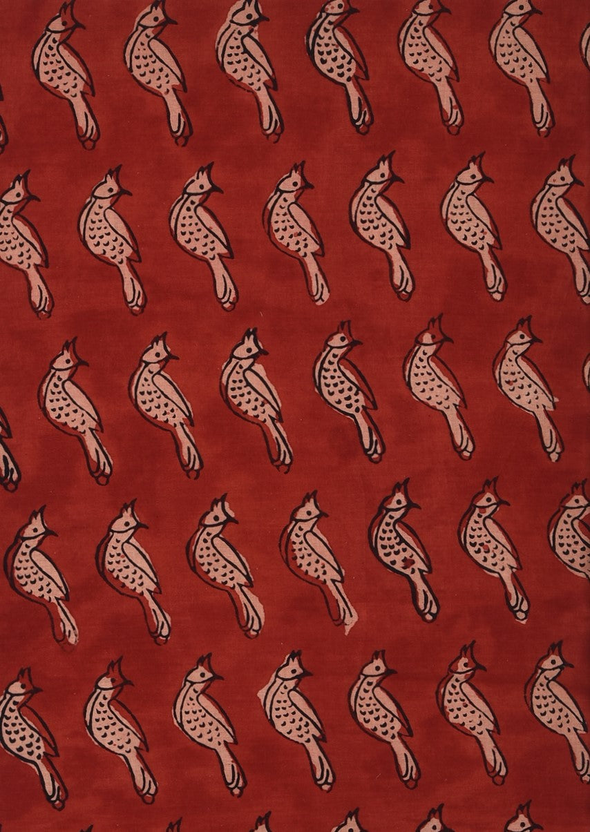 Bagru Red Natural Colour Chidiya Bird Animal Pattern Cotton Cambric Fabric