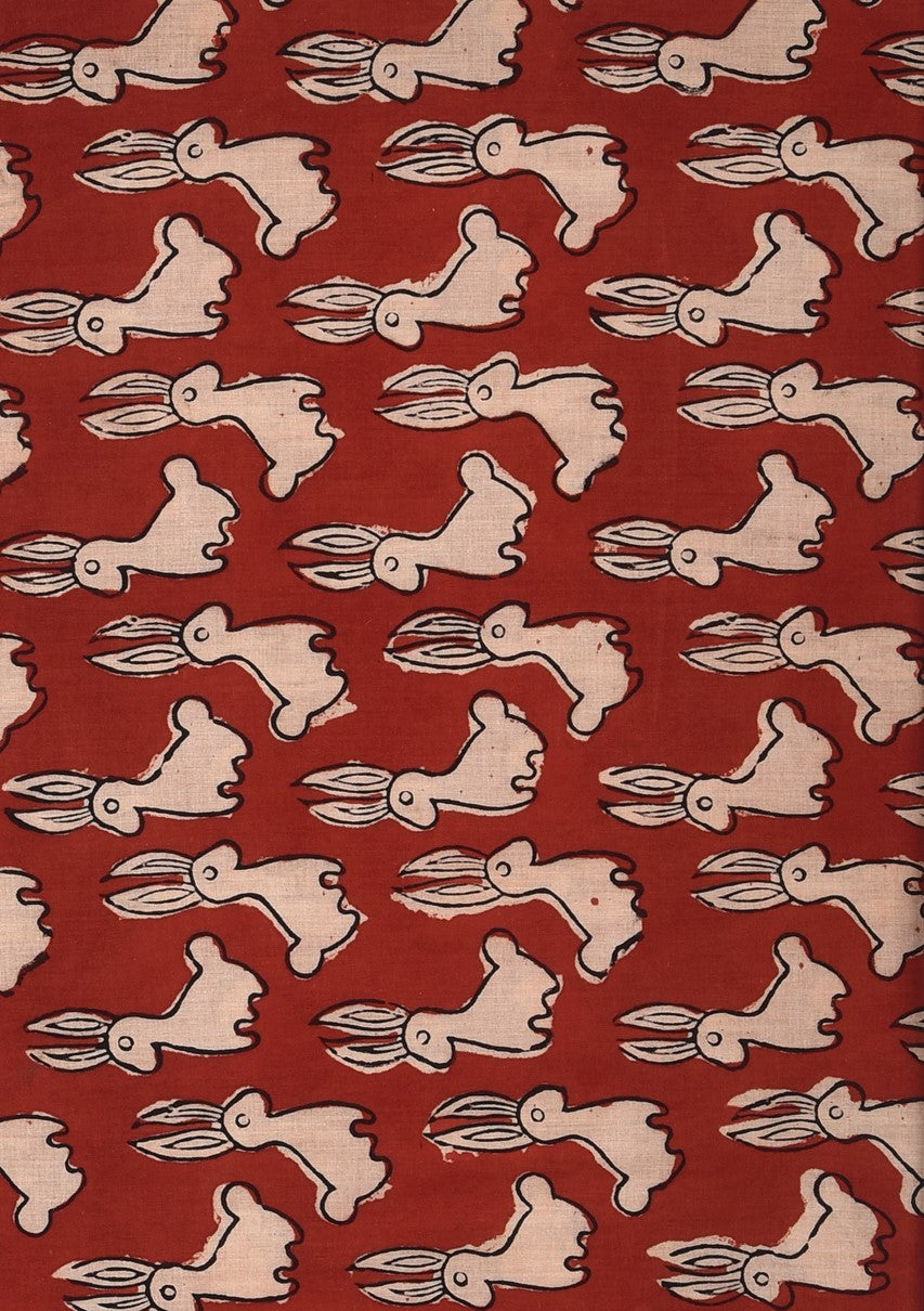 Bagru Red Natural Colour Khargosh Hare Animal Pattern Cotton Cambric Fabric