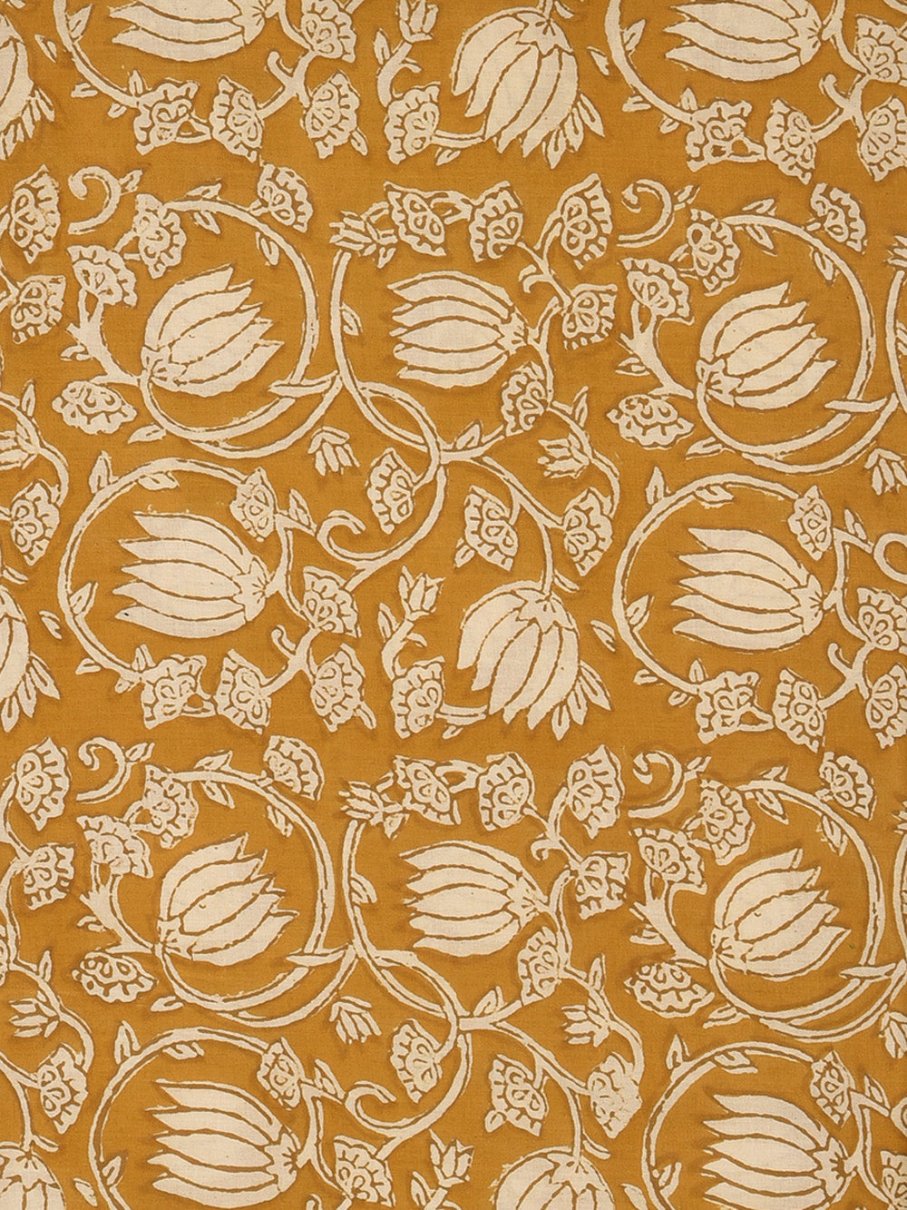 Bagru Yellow Lotus Pattern Hand Block Printed Cotton Cambric Fabric
