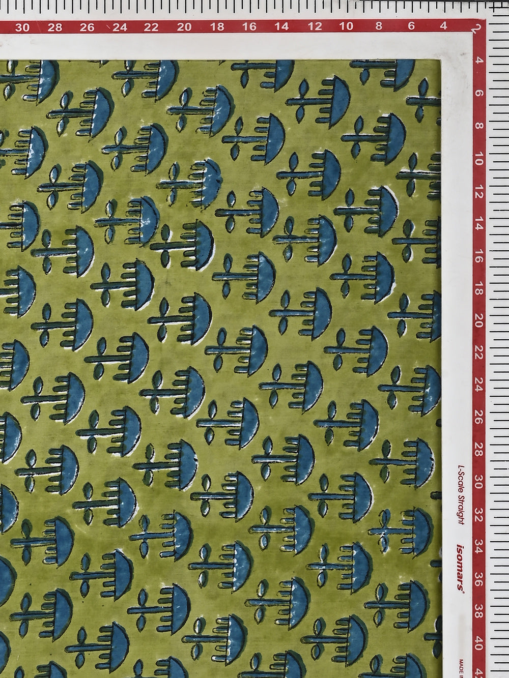 Green Mushroom Booti Pattern Cotton Cambric Sanganeri Hand Block Printed Fabric