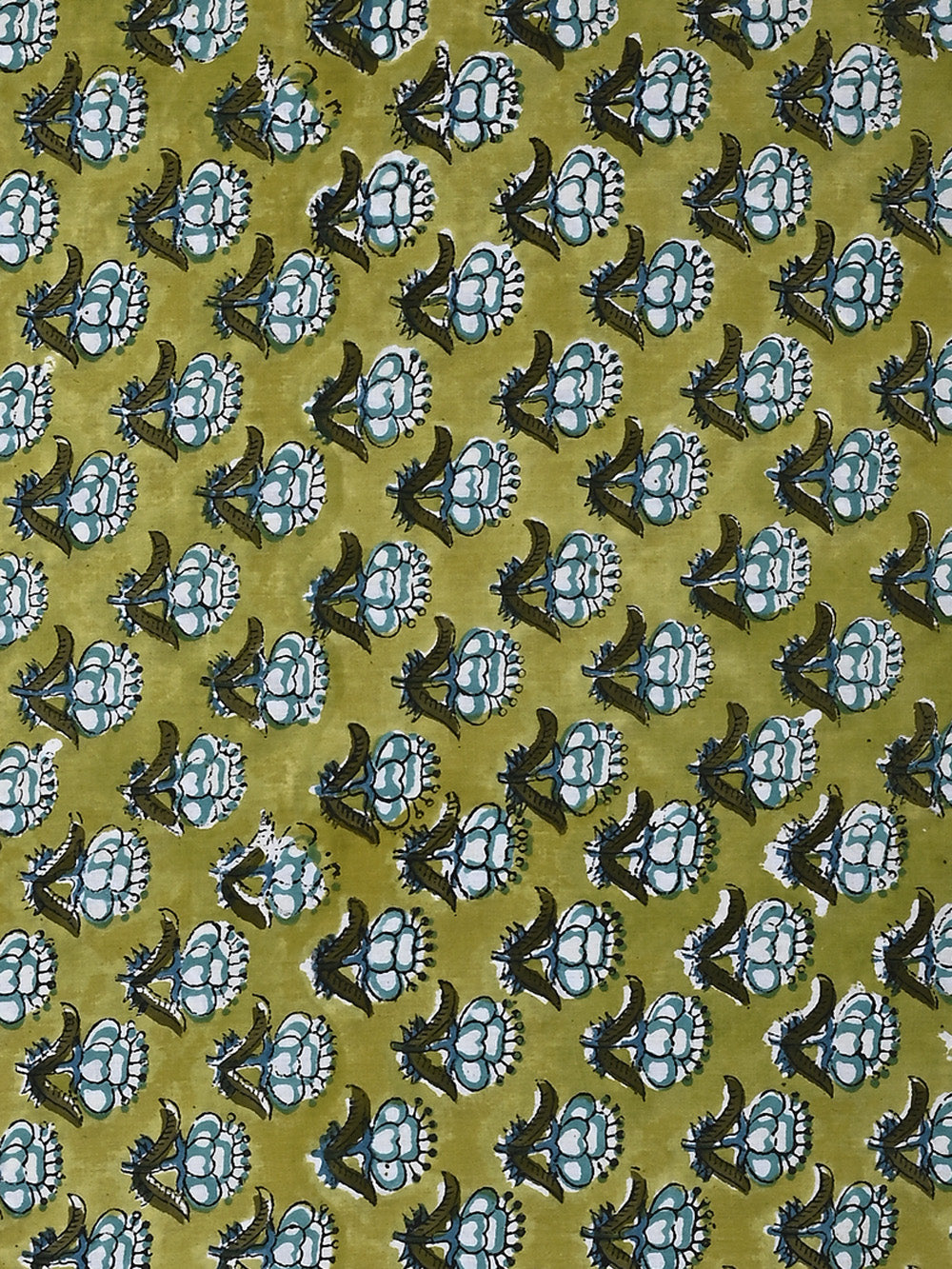 Green Blooming Flower Booti Pattern Cotton Cambric Sanganeri Hand Block Printed Fabric