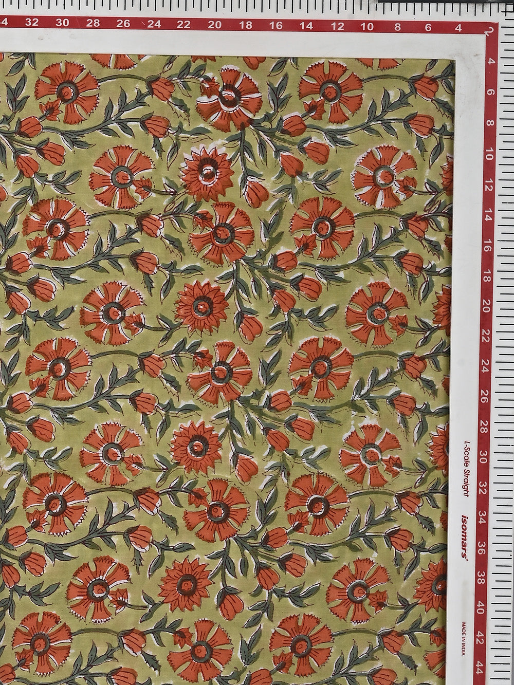 Olive Green Gola Flower Jaal Pattern Cotton Cambric Sanganeri Hand Block Printed Fabric