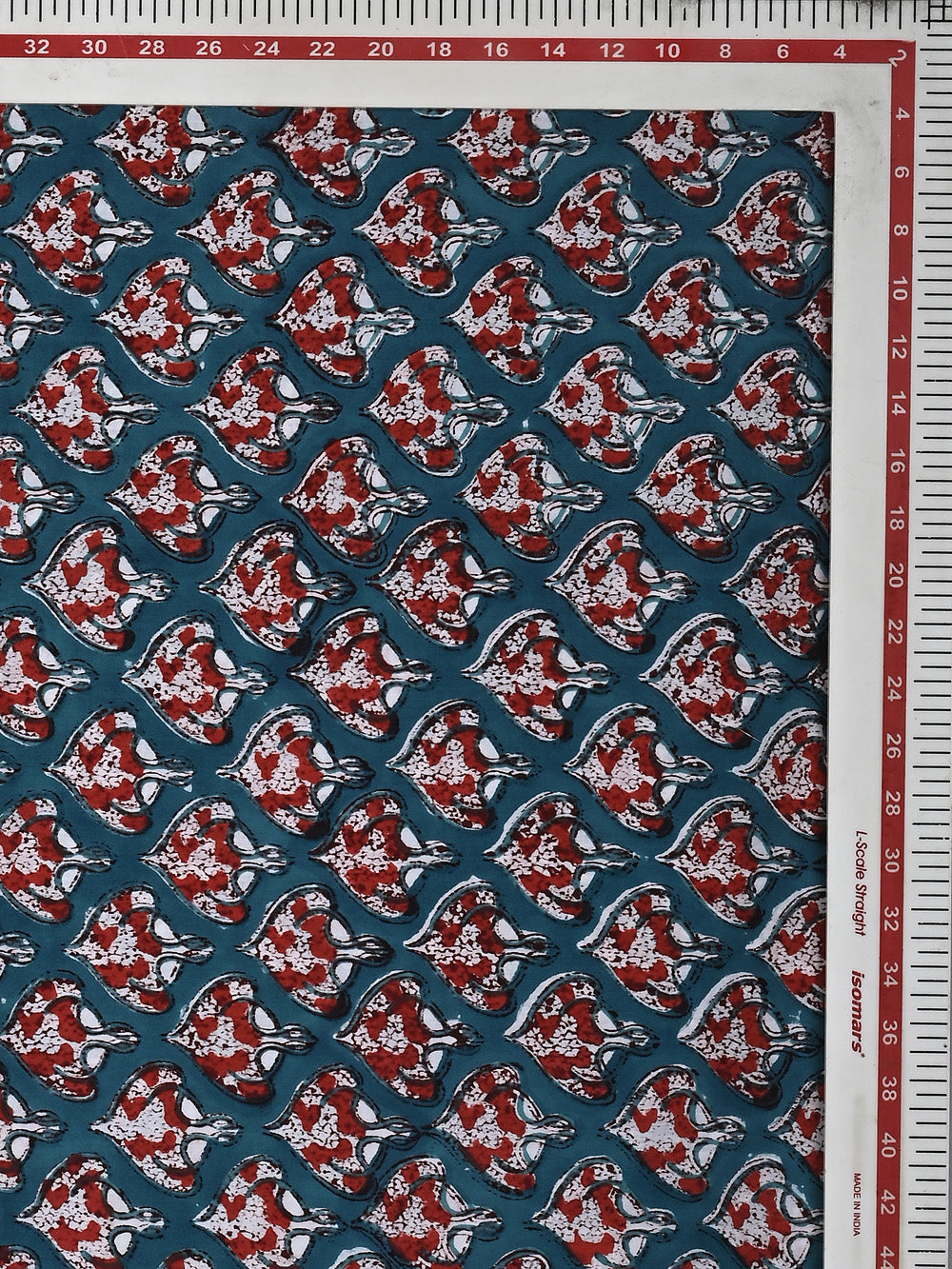 Dark Aqua Blue Paan Booti Pattern Cotton Cambric Sanganeri Hand Block Printed Fabric