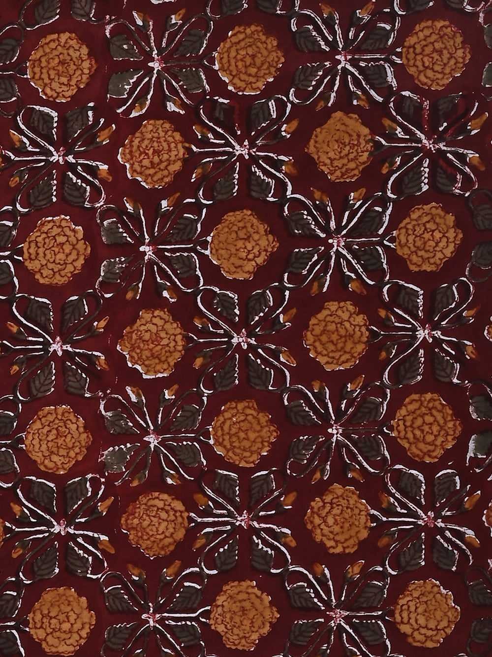 Red Marigold Flower Jaal Pattern Cotton Cambric Sanganeri Hand Block Printed Fabric