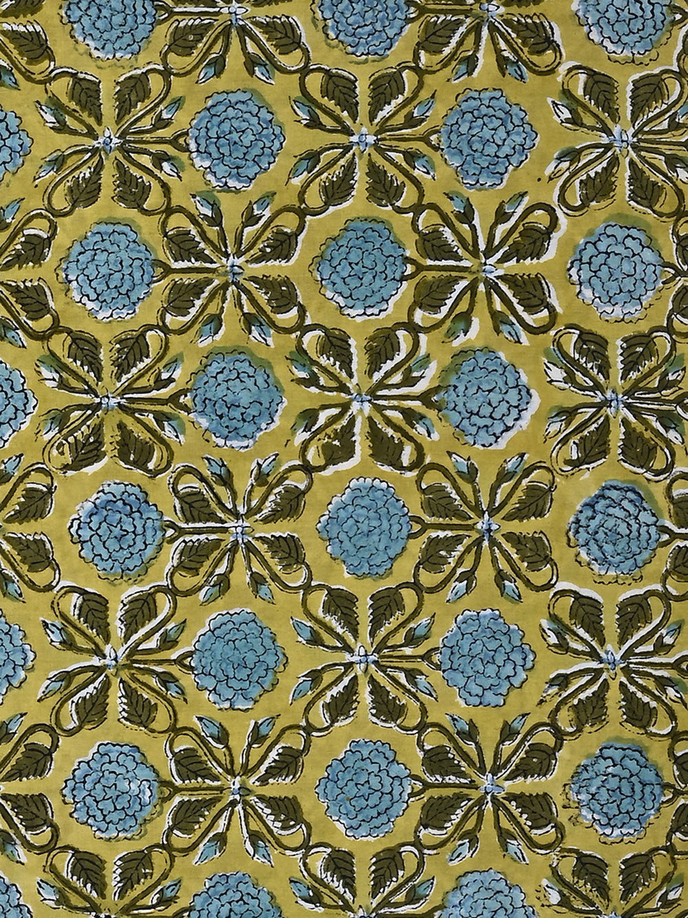 Green Marigold Flower Jaal Pattern Cotton Cambric Sanganeri Hand Block Printed Fabric