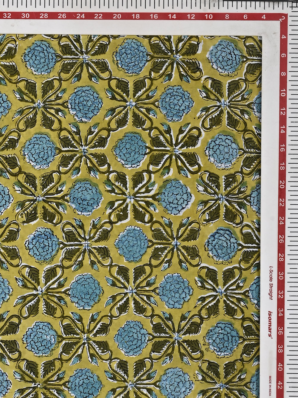 Green Marigold Flower Jaal Pattern Cotton Cambric Sanganeri Hand Block Printed Fabric