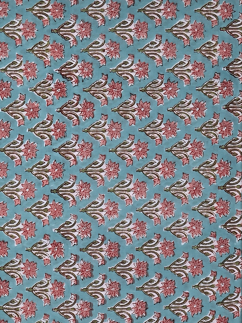 Blue Mughal Flower Booti Pattern Cotton Cambric Sanganeri Hand Block Printed Fabric
