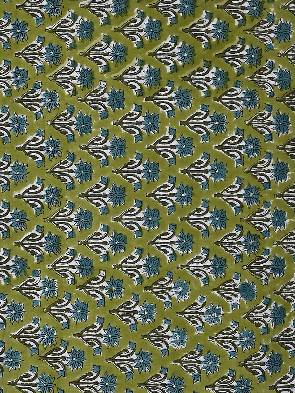 Green Mughal Flower Booti Pattern Cotton Cambric Sanganeri Hand Block Printed Fabric