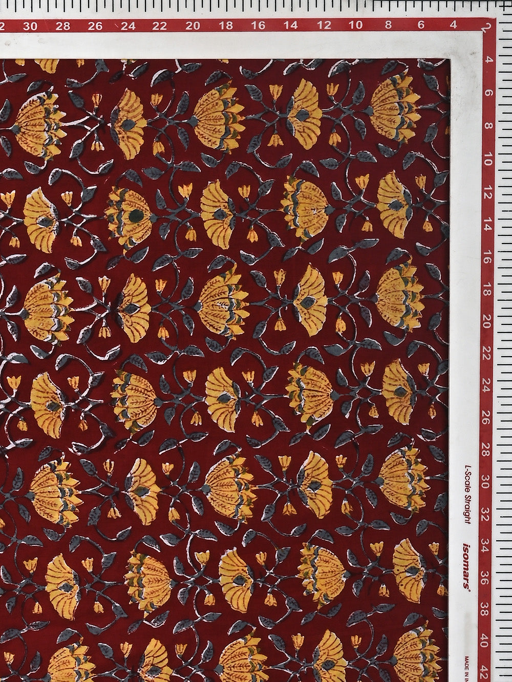 Red Lotus Flower Jaal Pattern Cotton Cambric Sanganeri Hand Block Printed Fabric