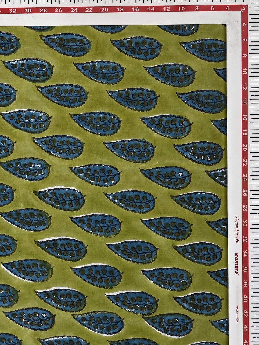 Blue Detailed Leaf Booti Pattern on Green Cotton Cambric Sanganeri Hand Block Printed Fabric
