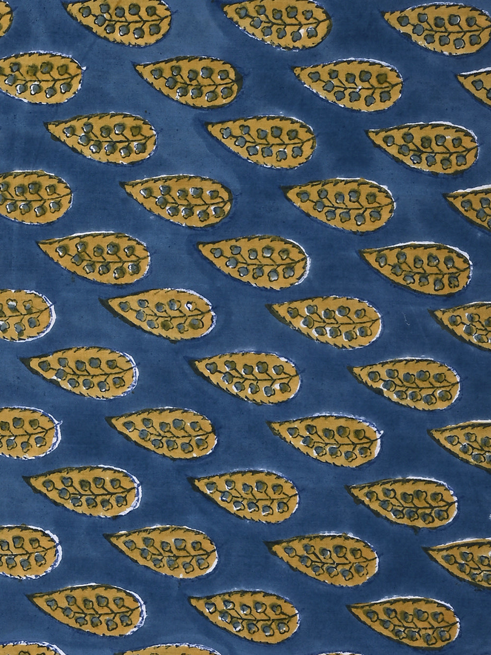 Yellow Detailed Leaf Booti Pattern on Blue Cotton Cambric Sanganeri Hand Block Printed Fabric