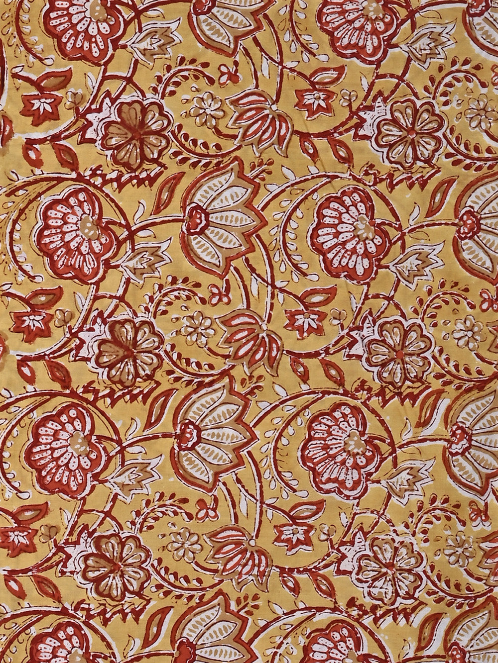 Yellow Anokha Chintz Lotus Jaal Pattern Cotton Cambric Sanganeri Hand Block Printed Fabric