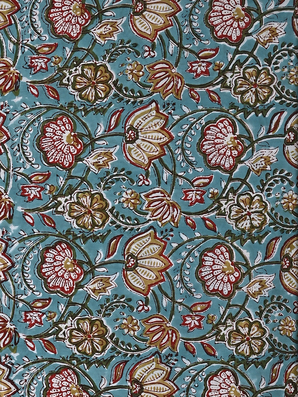Blue Anokha Chintz Lotus Jaal Pattern Cotton Cambric Sanganeri Hand Block Printed Fabric