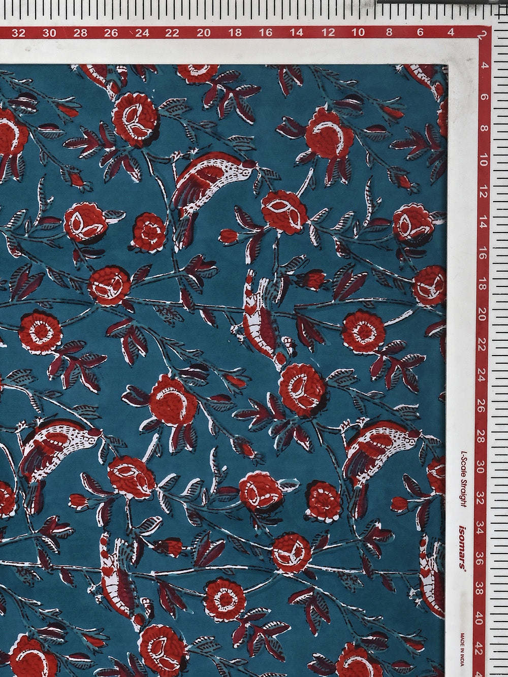 Teal Blue Chidiya Jaal Pattern Cotton Cambric Sanganeri Hand Block Printed Fabric