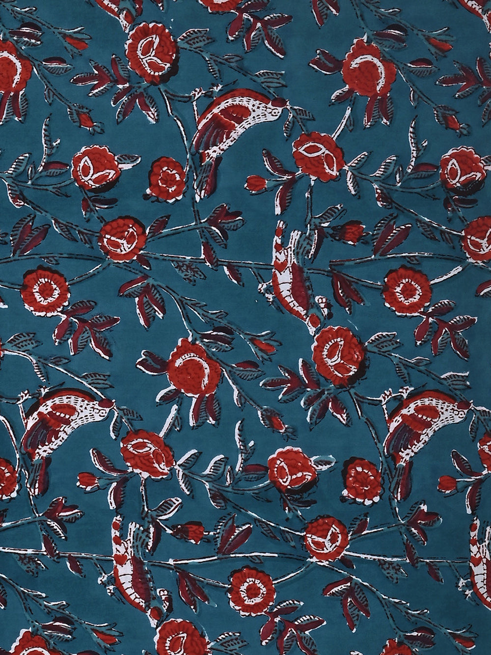 Teal Blue Chidiya Jaal Pattern Cotton Cambric Sanganeri Hand Block Printed Fabric