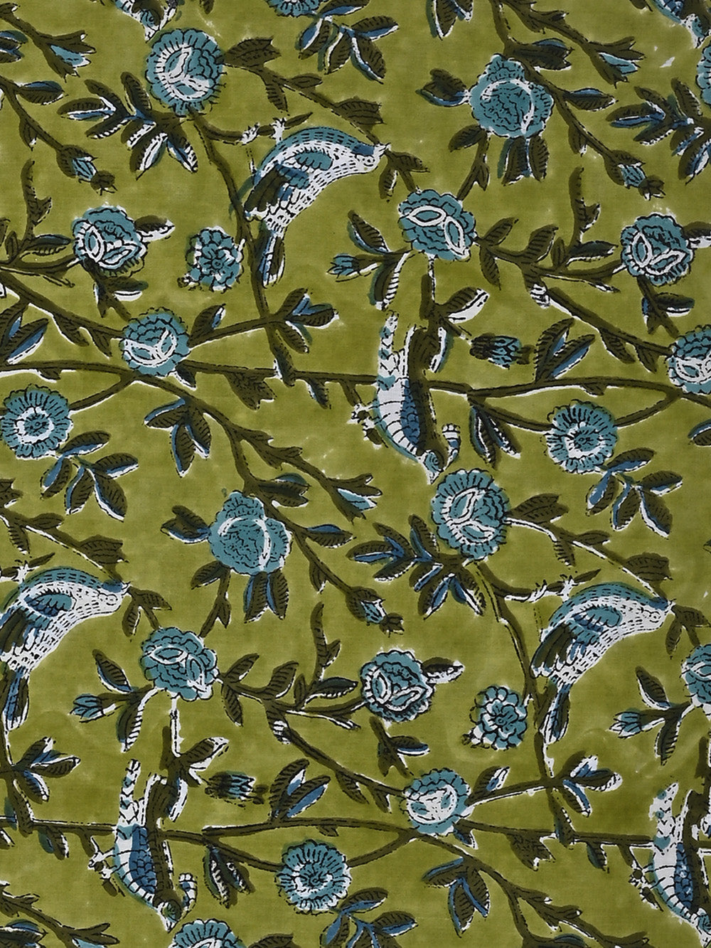 Green Chidiya Jaal Pattern Cotton Cambric Sanganeri Hand Block Printed Fabric