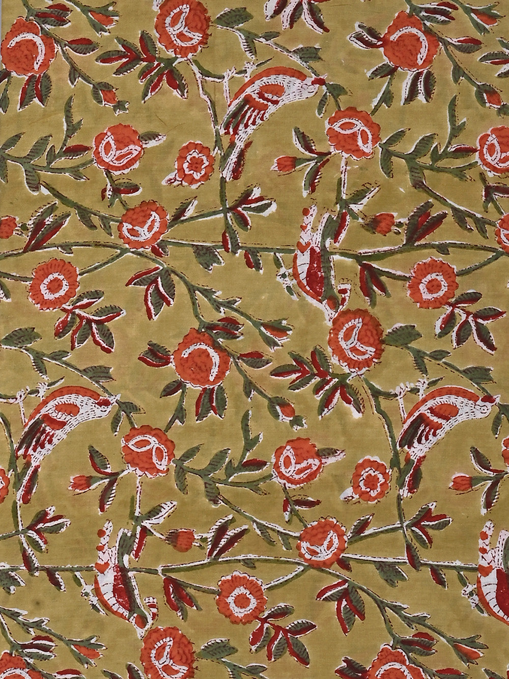 Olive Yellow Chidiya Jaal Pattern Cotton Cambric Sanganeri Hand Block Printed Fabric