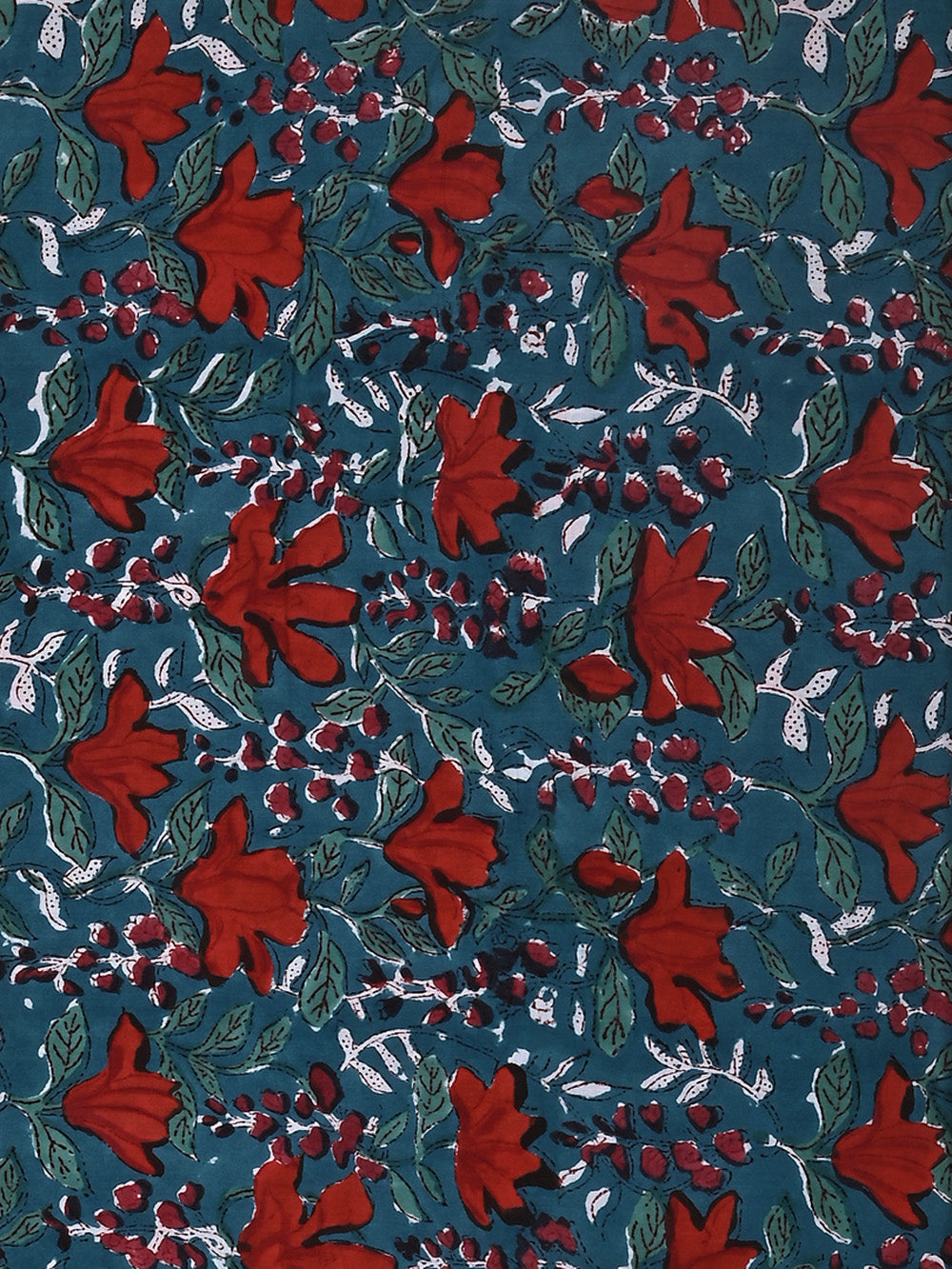 Teal Blue Creeper Flower Jaal Pattern Cotton Cambric Sanganeri Hand Block Printed Fabric