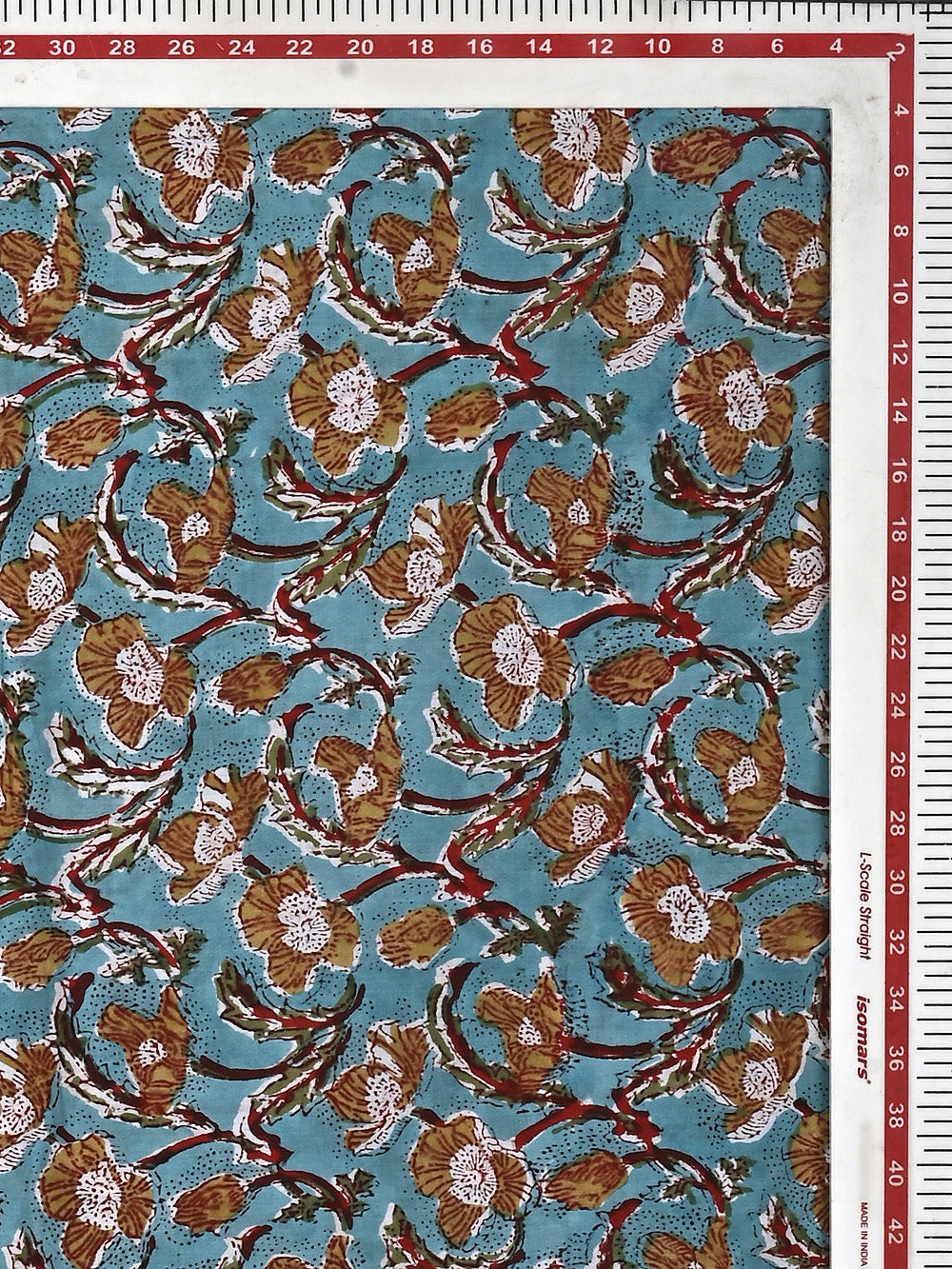 Yellow Poppy Jaal Pattern on Blue Cotton Cambric Sanganeri Hand Block Printed Fabric
