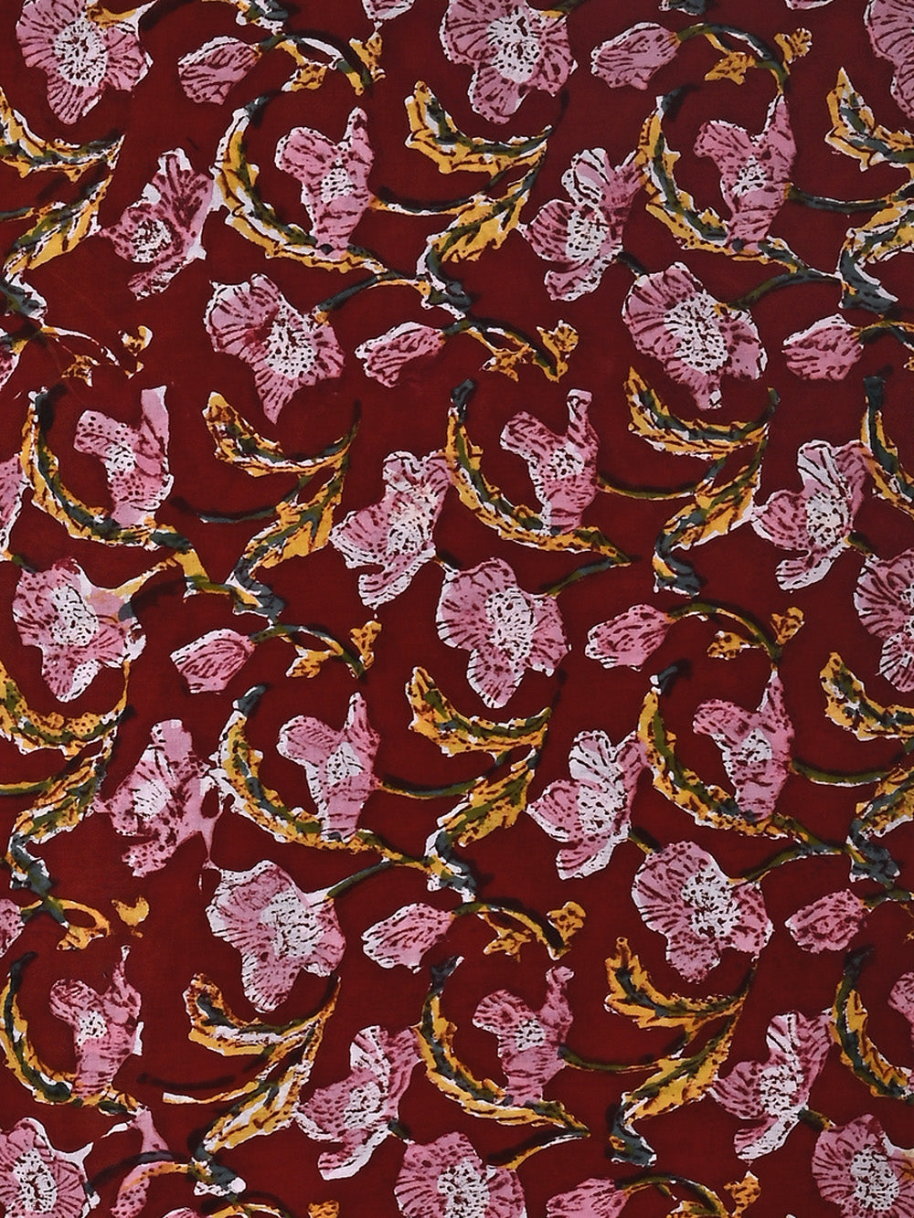 Pink Poppy Jaal Pattern on Red Cotton Cambric Sanganeri Hand Block Printed Fabric