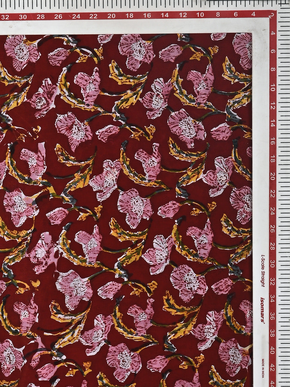 Pink Poppy Jaal Pattern on Red Cotton Cambric Sanganeri Hand Block Printed Fabric