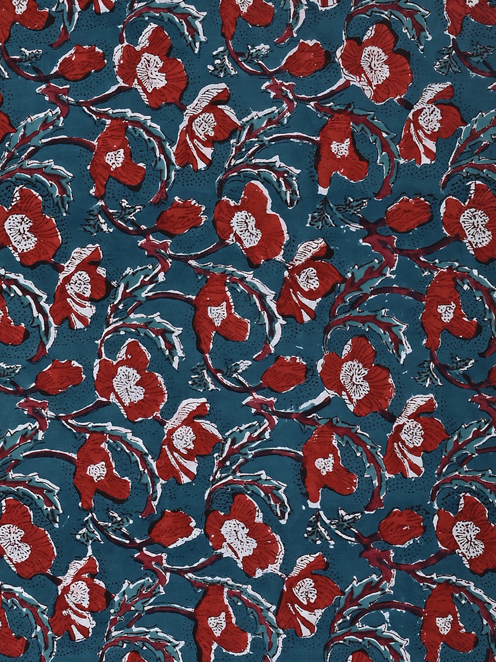 Red Poppy Jaal Pattern on Teal Blue Cotton Cambric Sanganeri Hand Block Printed Fabric