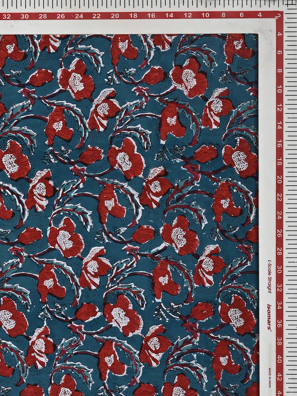 Red Poppy Jaal Pattern on Teal Blue Cotton Cambric Sanganeri Hand Block Printed Fabric
