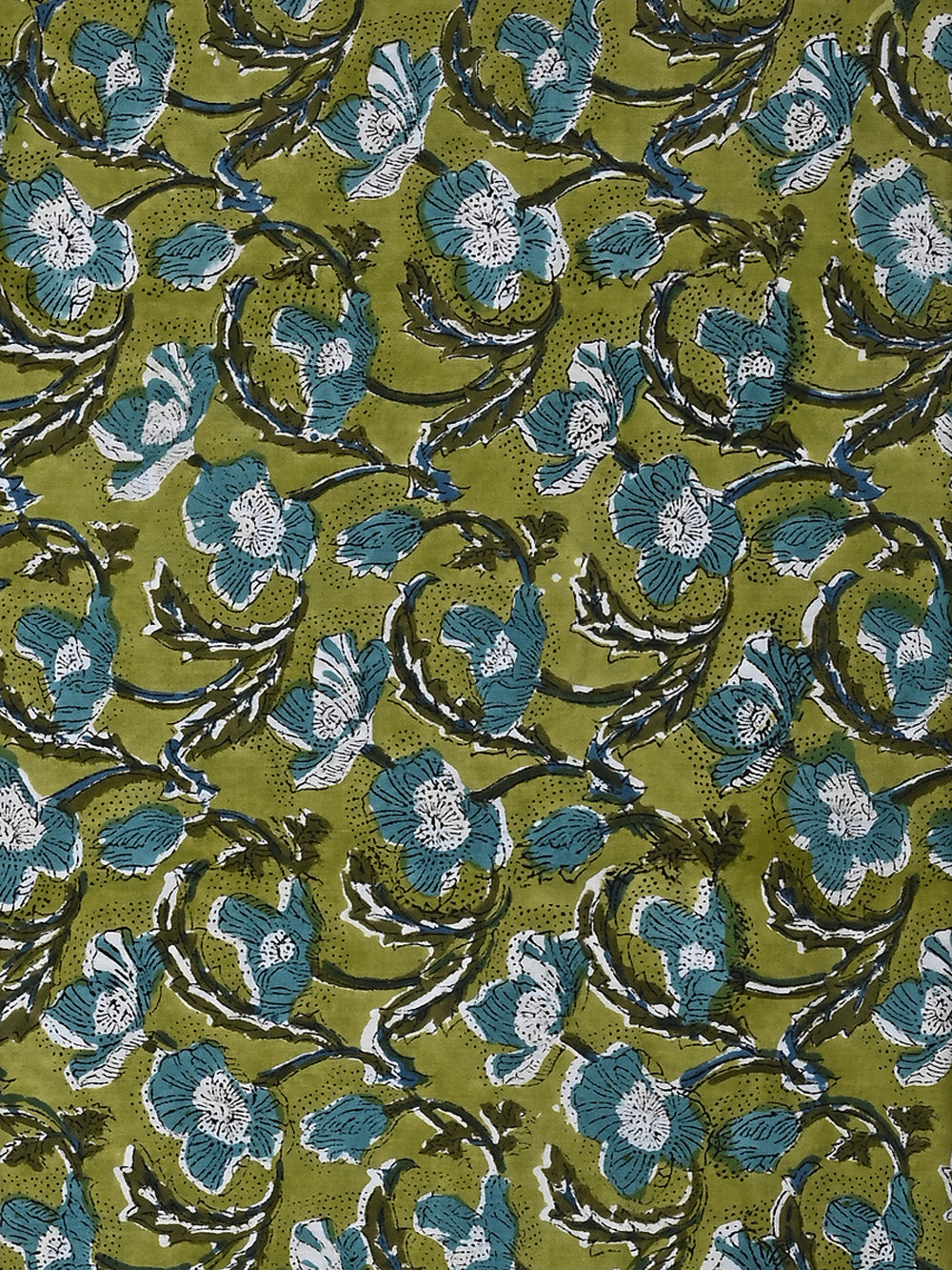 Blue Poppy Jaal Pattern on Green Cotton Cambric Sanganeri Hand Block Printed Fabric