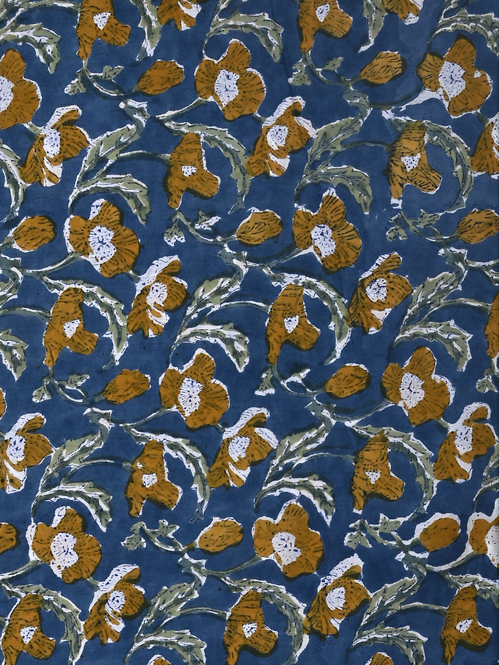 Yellow Poppy Jaal Pattern on Dark Blue Cotton Cambric Sanganeri Hand Block Printed Fabric
