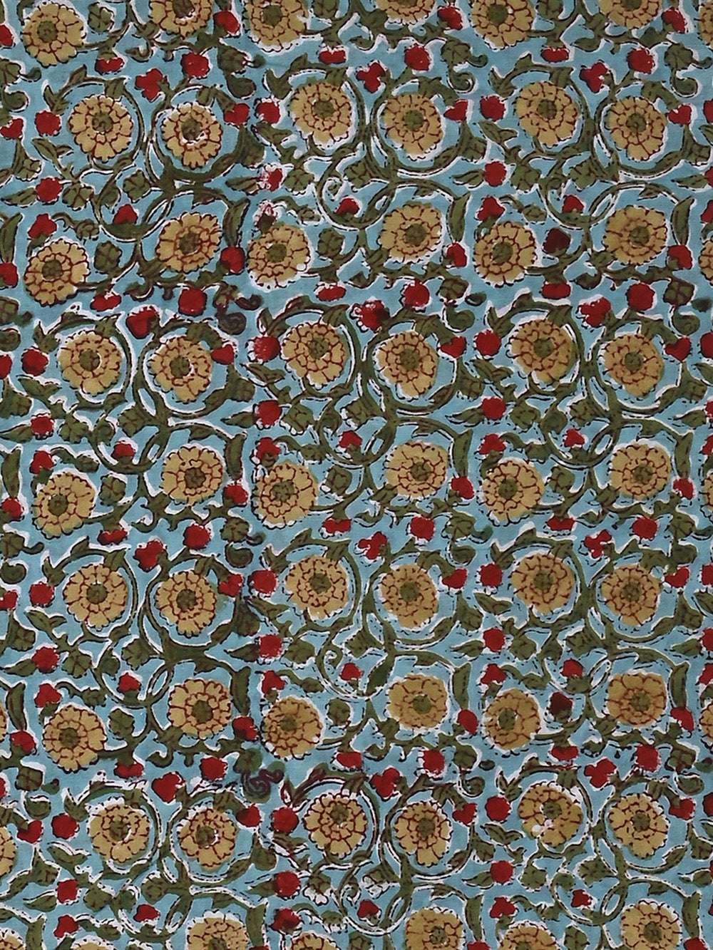 Firozi Genda Phool Jaal Pattern Cotton Cambric Sanganeri Hand Block Printed Fabric