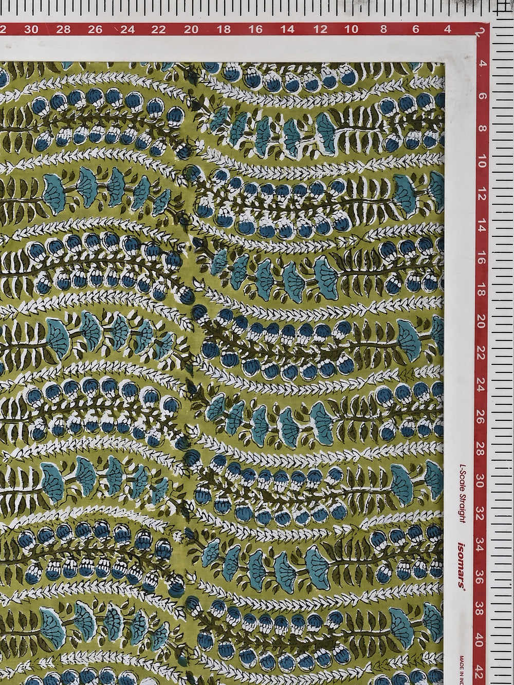 Green Bel Jaal Pattern Cotton Cambric Sanganeri Hand Block Printed Fabric