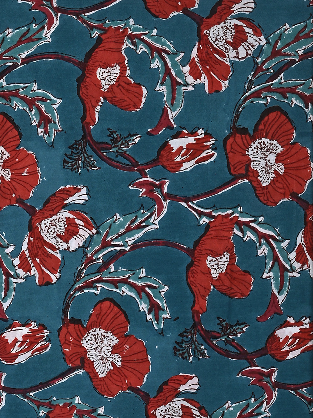 Teal Poppy Jaal Pattern Cotton Cambric Sanganeri Hand Block Printed Fabric