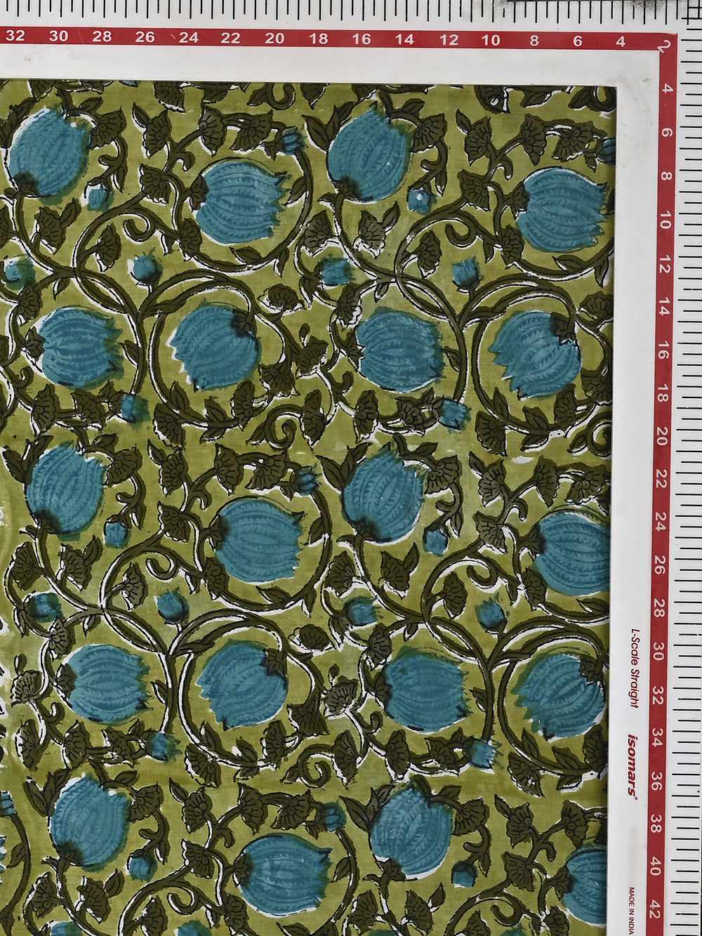 Green Kamal Jaal Pattern Cotton Cambric Sanganeri Hand Block Printed Fabric