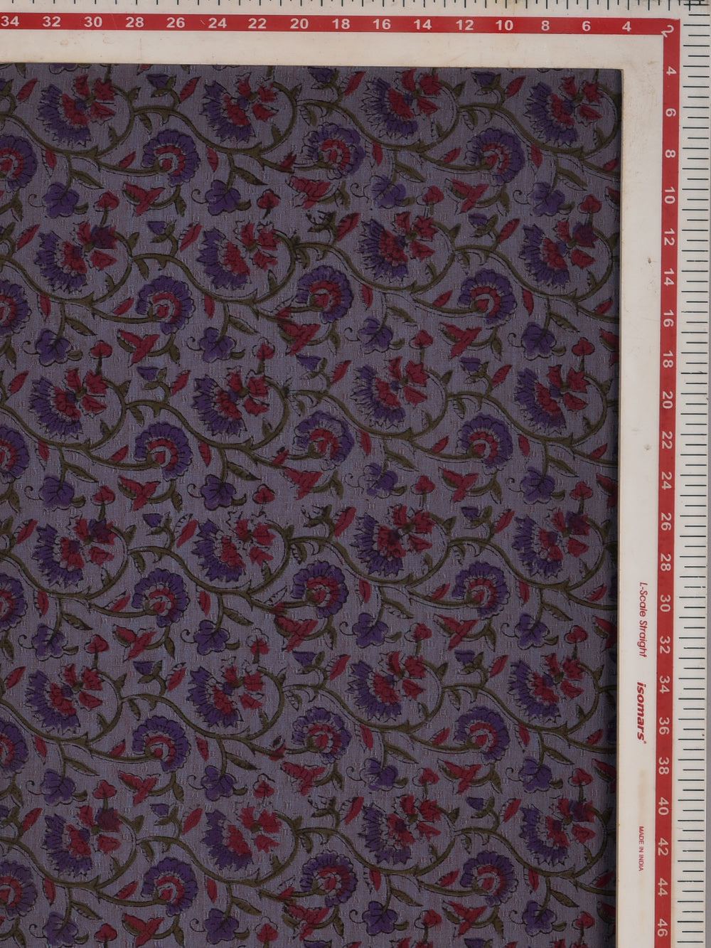 Greyish Lavendar Floral Vine Cotton Dobby Mangalgiri Sanganeri Hand Block Printed Fabric