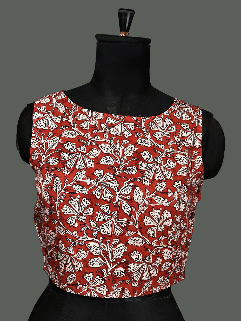 Natural Red Floral Jaal Sleeveless Hand Block Printed Cotton Blouse