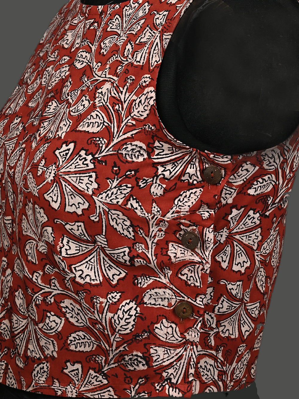 Natural Red Floral Jaal Sleeveless Hand Block Printed Cotton Blouse