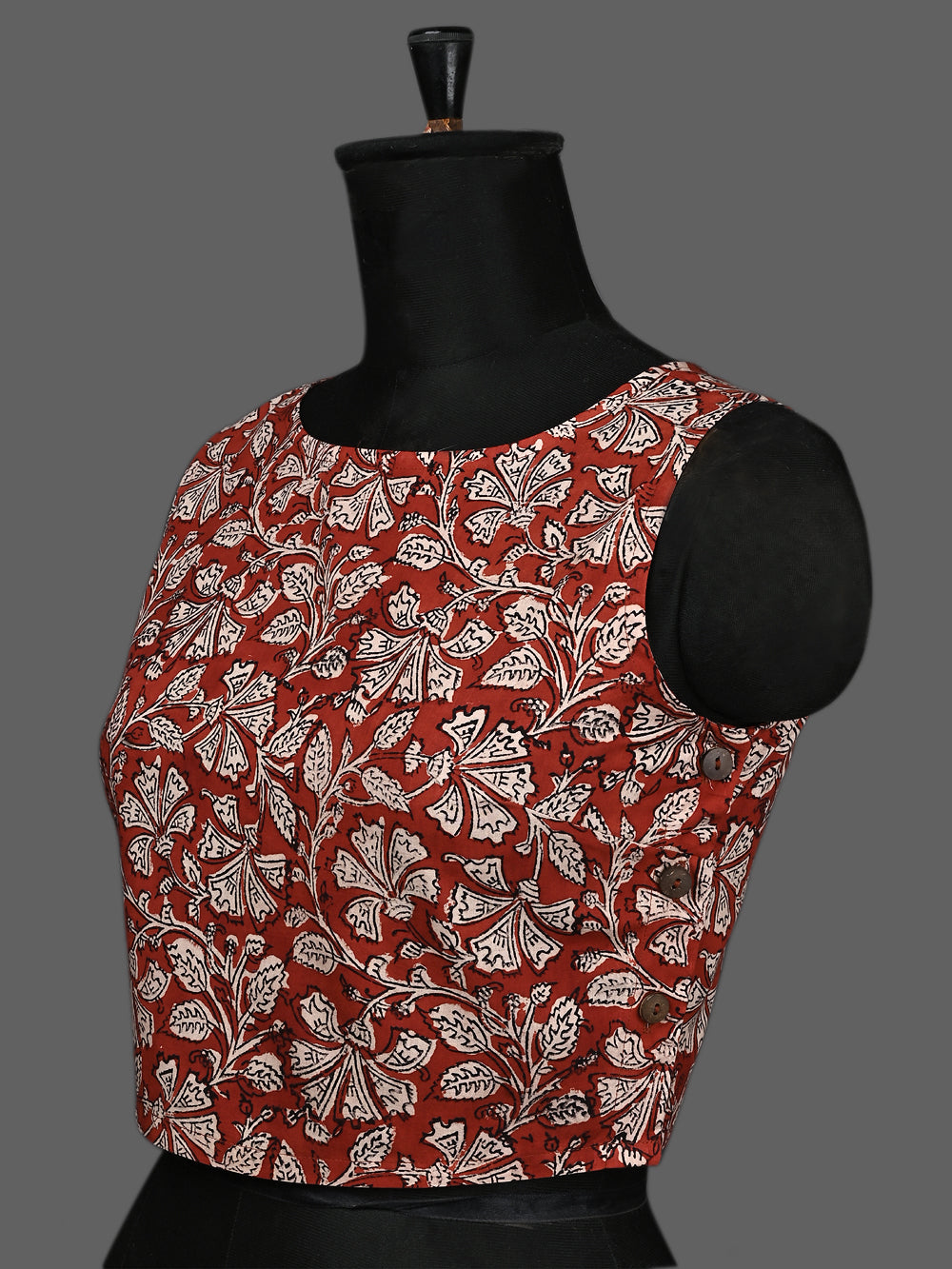 Natural Red Floral Jaal Sleeveless Hand Block Printed Cotton Blouse