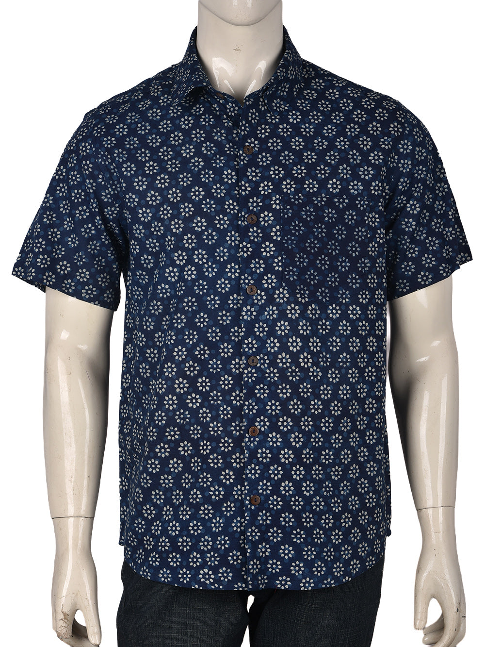 Indigo Flower Cotton Mens Half Sleeve Shirts