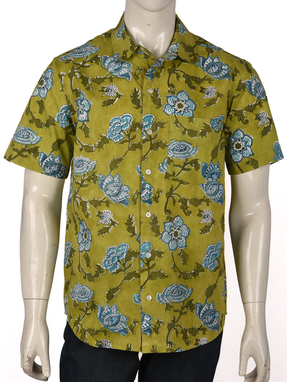 Green Gulbahar Cotton Mens Half Sleeve Shirts