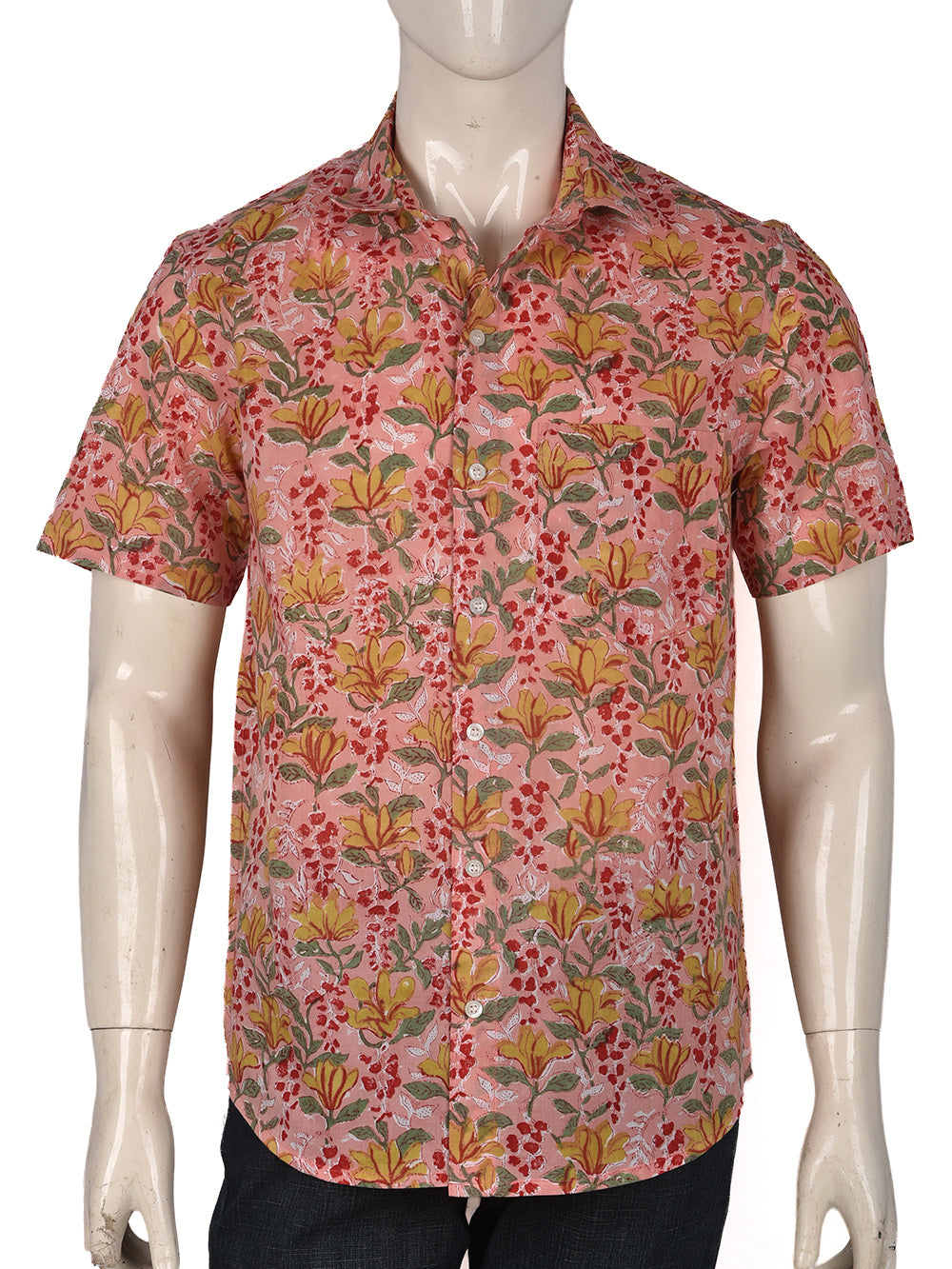Pink Floral Cotton Mens Half Sleeve Shirts