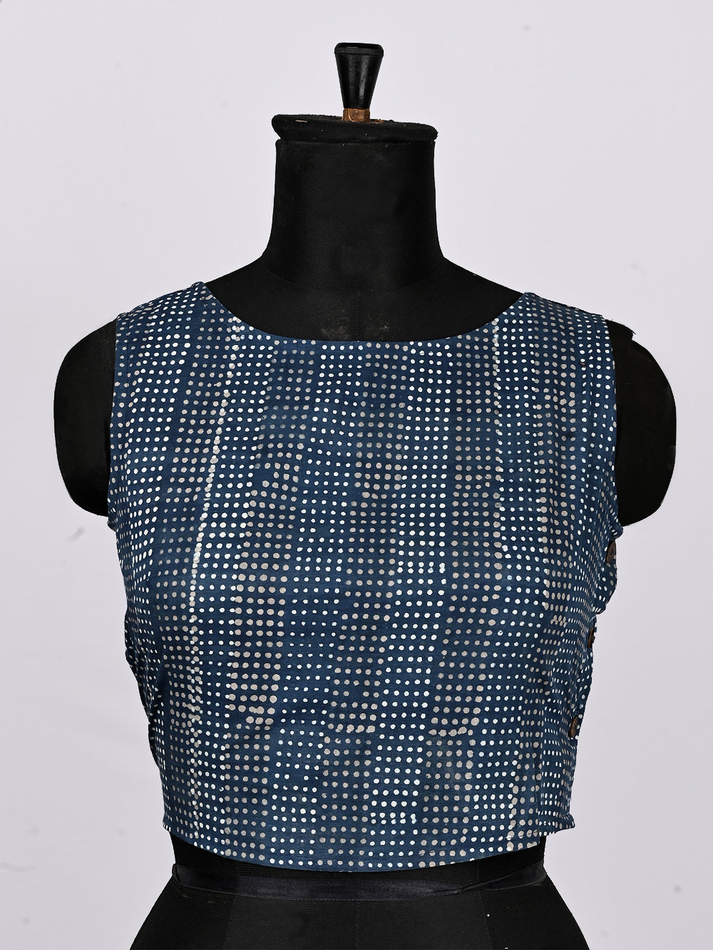 Indigo Blue Dotted Matrix Sleeveless Hand Block Printed Cotton Blouse