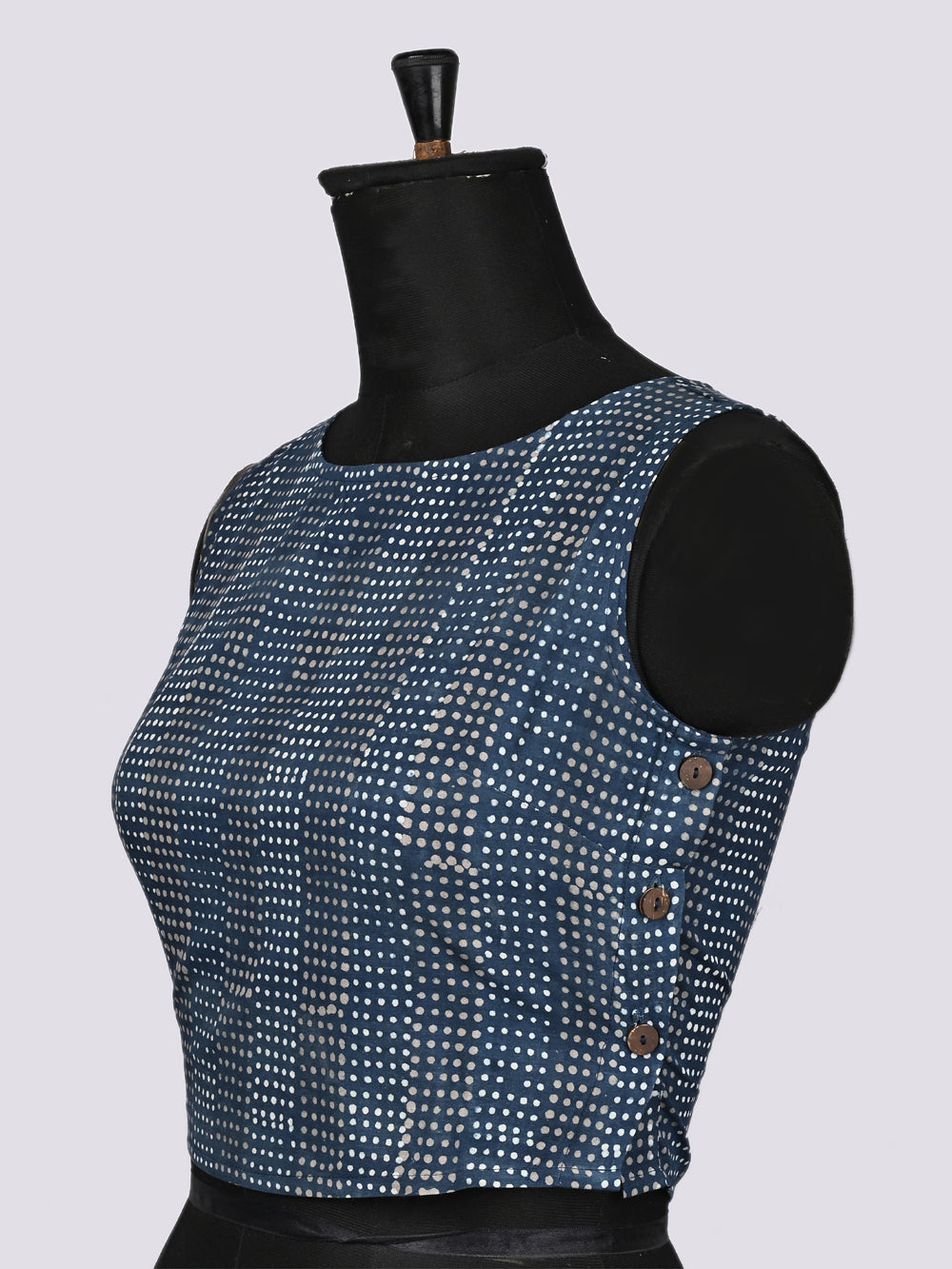 Indigo Blue Dotted Matrix Sleeveless Hand Block Printed Cotton Blouse