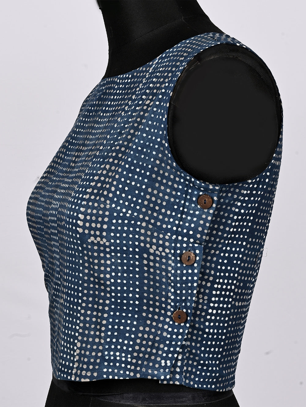 Indigo Blue Dotted Matrix Sleeveless Hand Block Printed Cotton Blouse