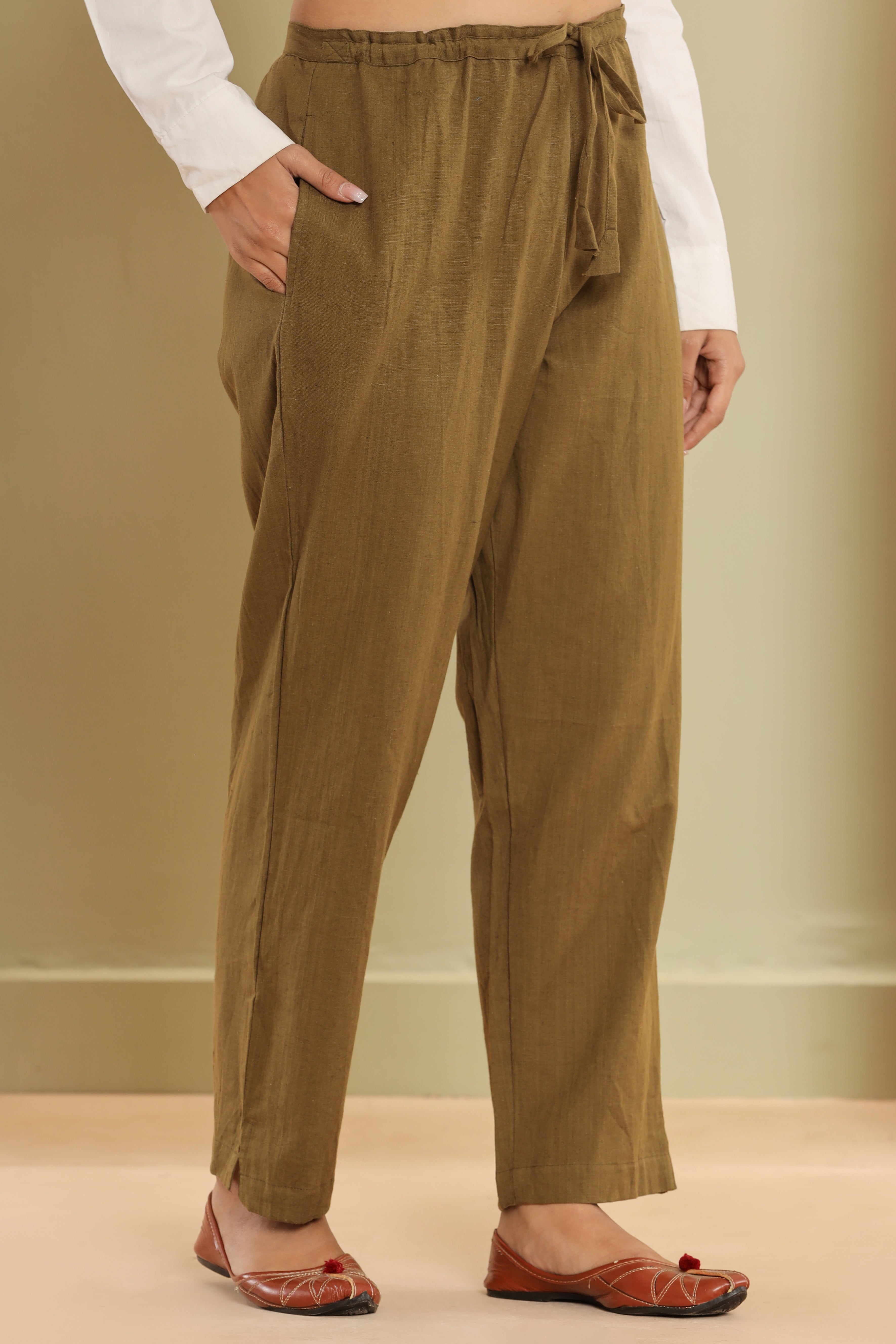 Mehndi Green Cotton Flex Straight Zipper Pants