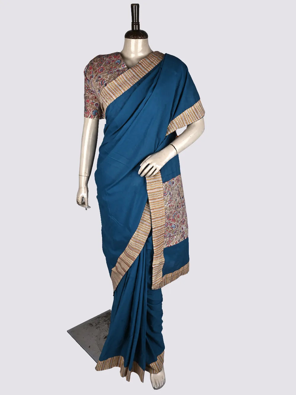 Plain Blue with Sanganeri Grey Patch Mul Mul Cotton Saree with Printed Blouse Piece