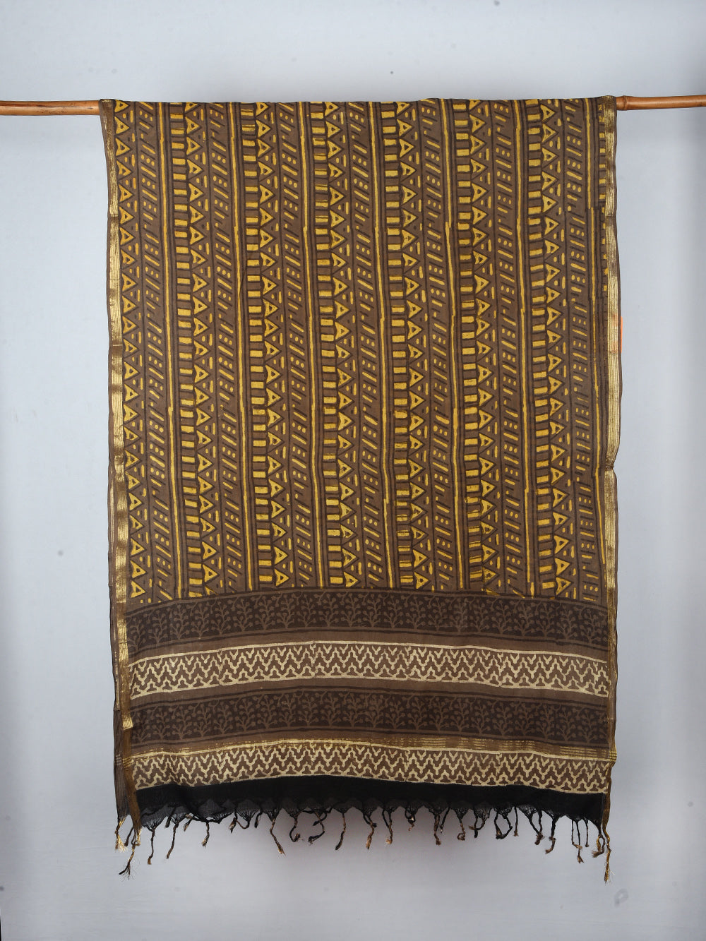 Tribal Hand Block Printed Cotton Dupatta with Zari Border
