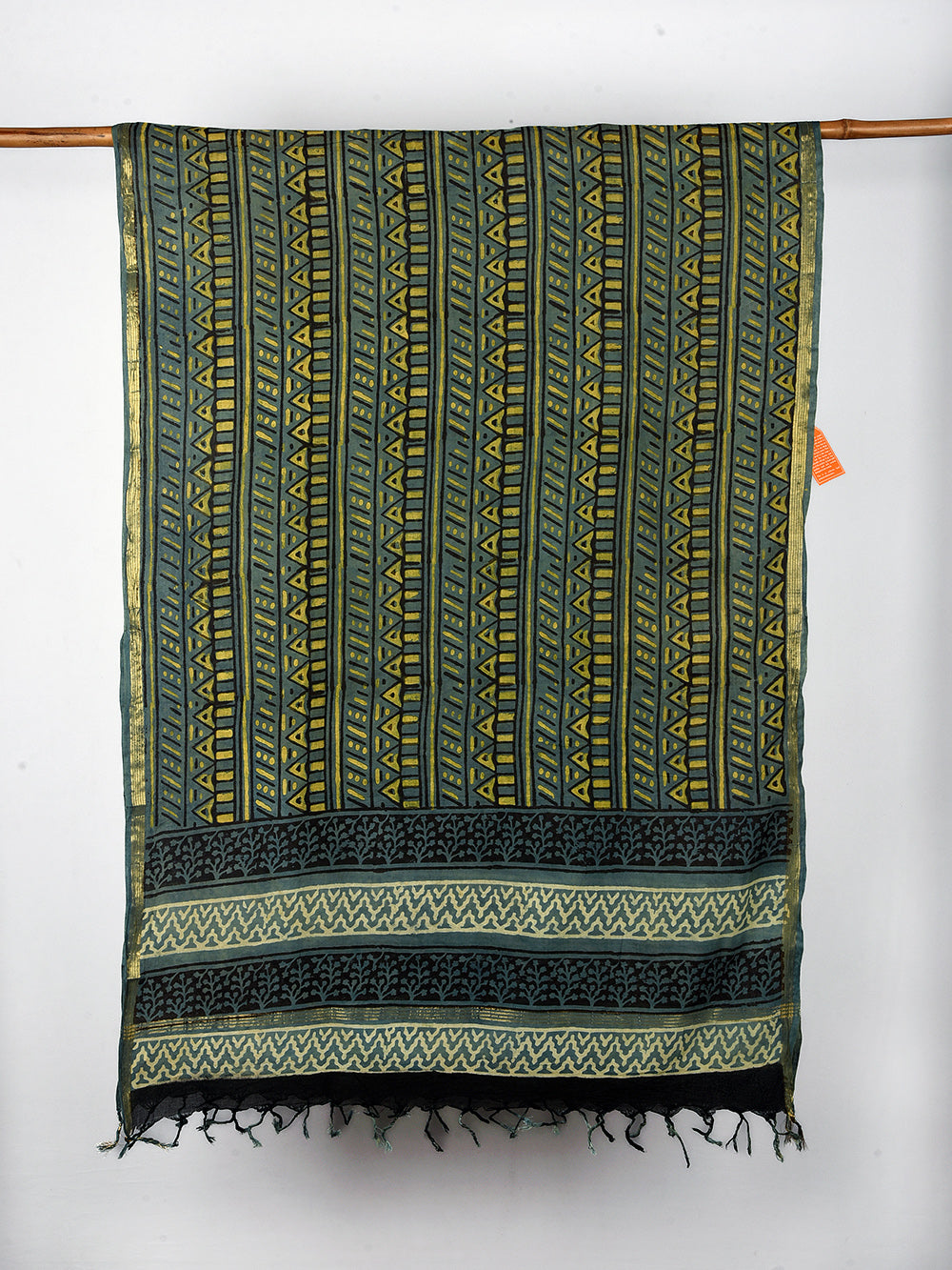Tribal Hand Block Printed Cotton Dupatta with Zari Border