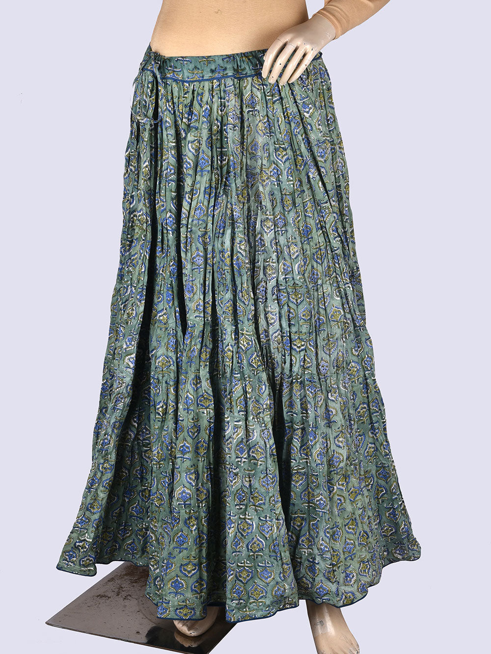 Aqua Booti Hand Block Printed Crinkled Cotton Cambric 48 Kali Kalidaar Skirt